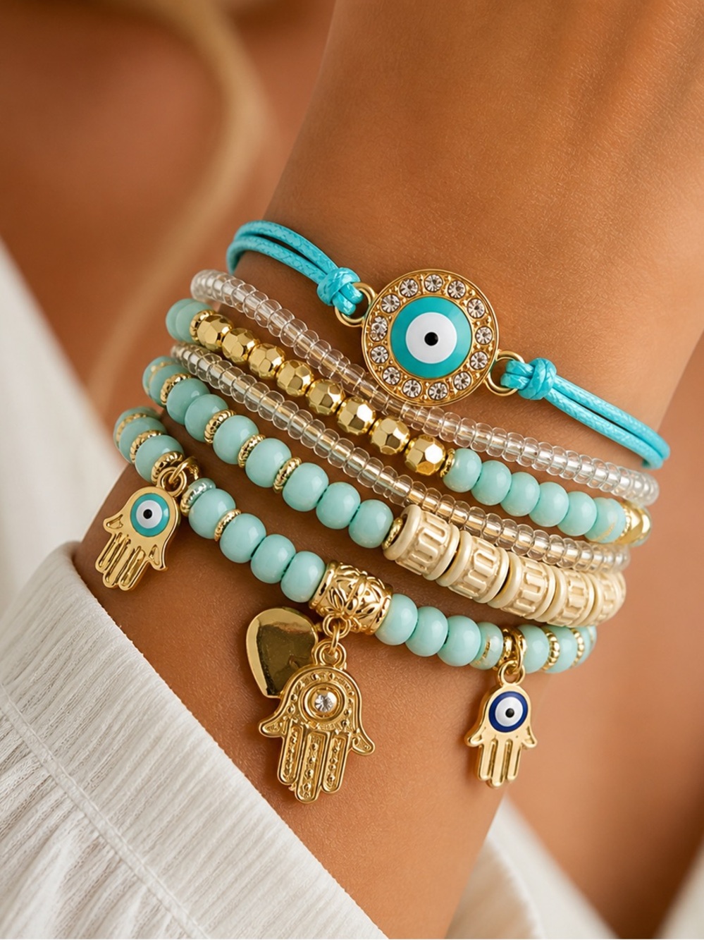 Turquoise Beaded Evil Eye & Hamsa Charm Bracelet Set